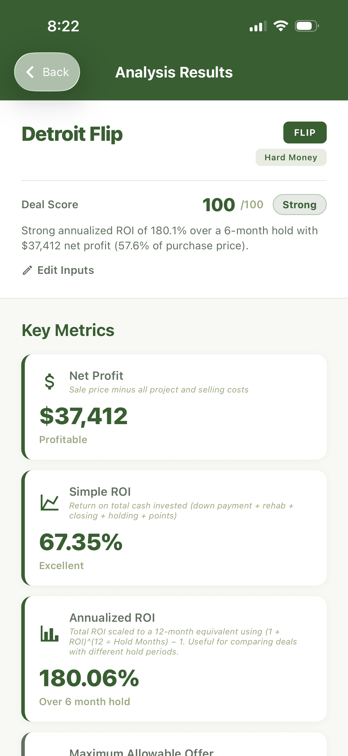 House flip analysis showing 180% annualized ROI and $37,412 net profit for a Detroit flip