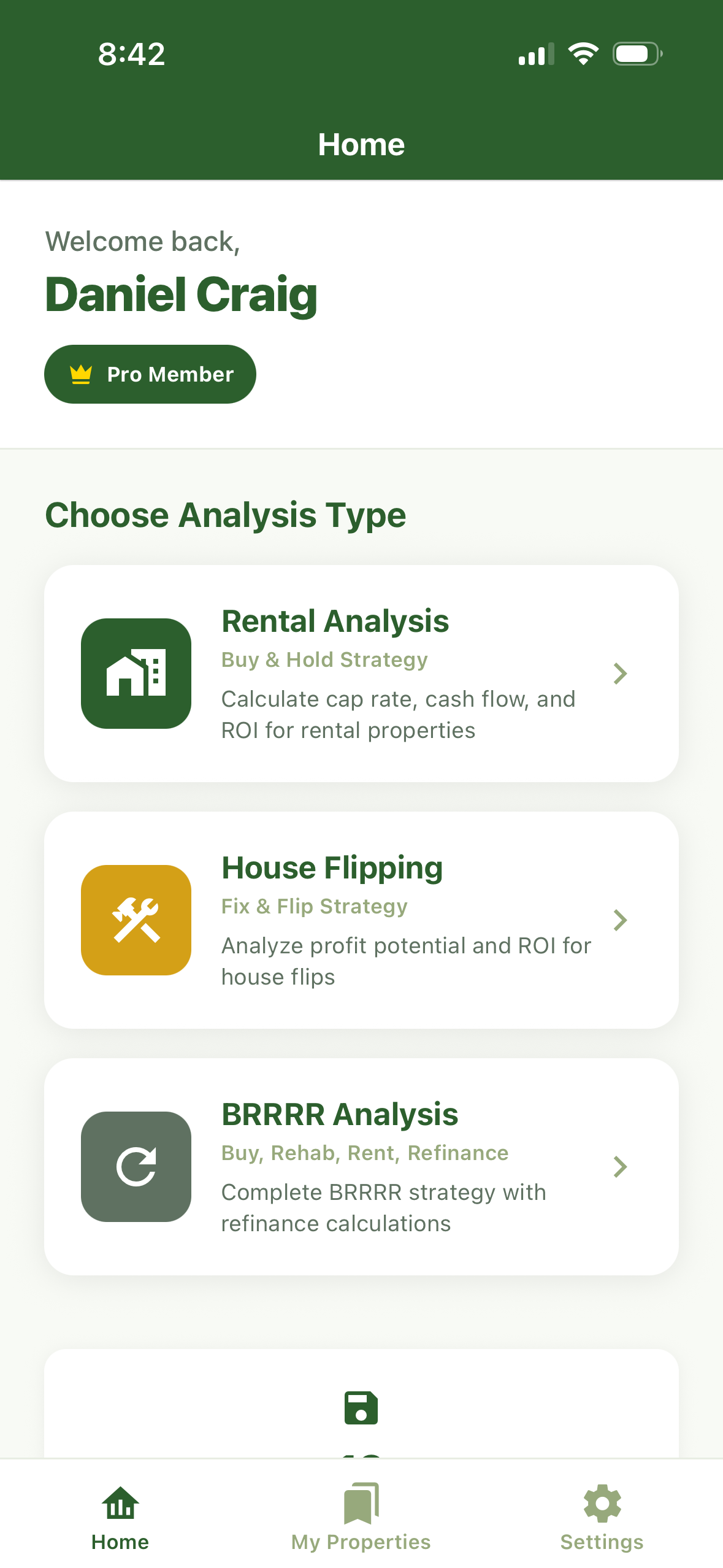 Revest Analyzer home screen showing Pro Member dashboard with analysis options