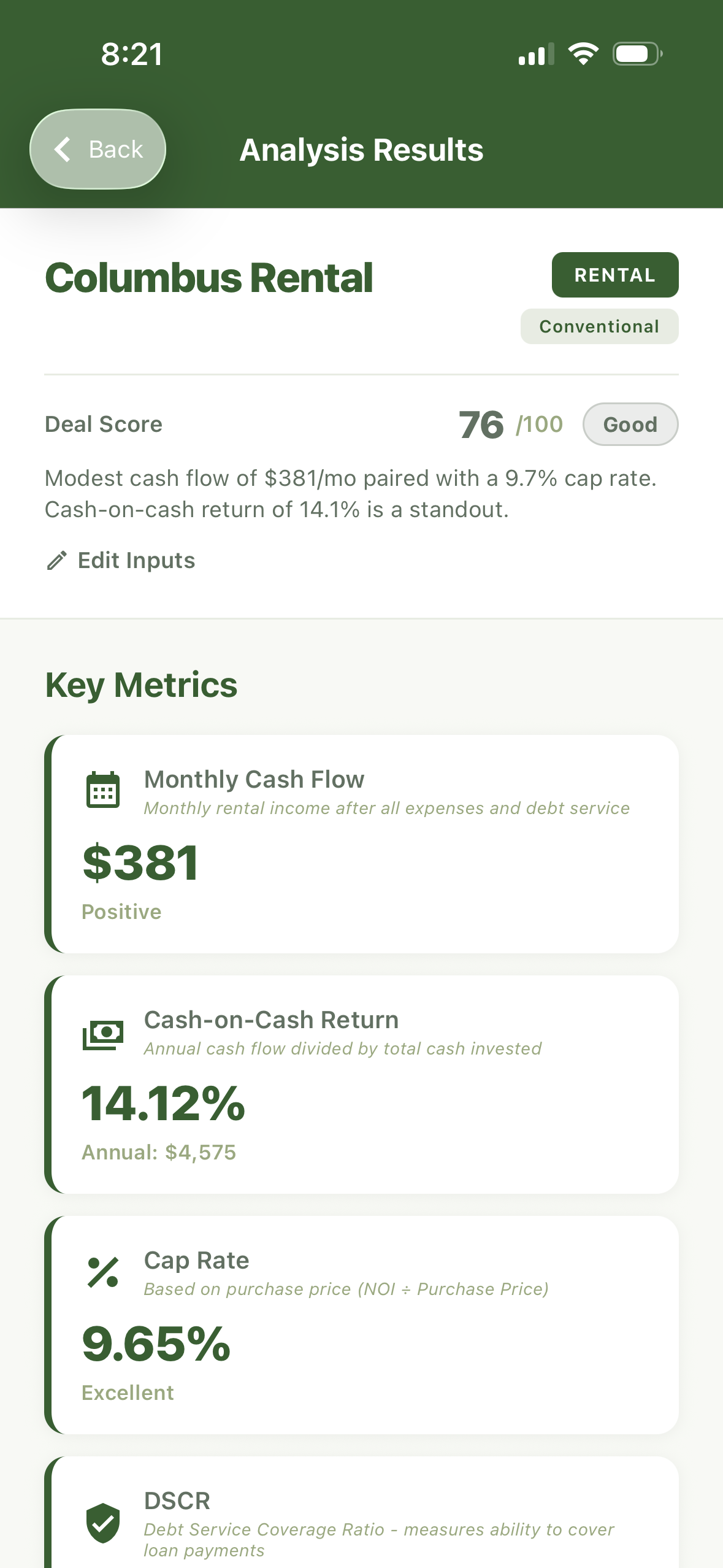 Rental analysis results showing $474 monthly cash flow, 14.53% cash-on-cash return, and 9.76% cap rate for a Cleveland duplex